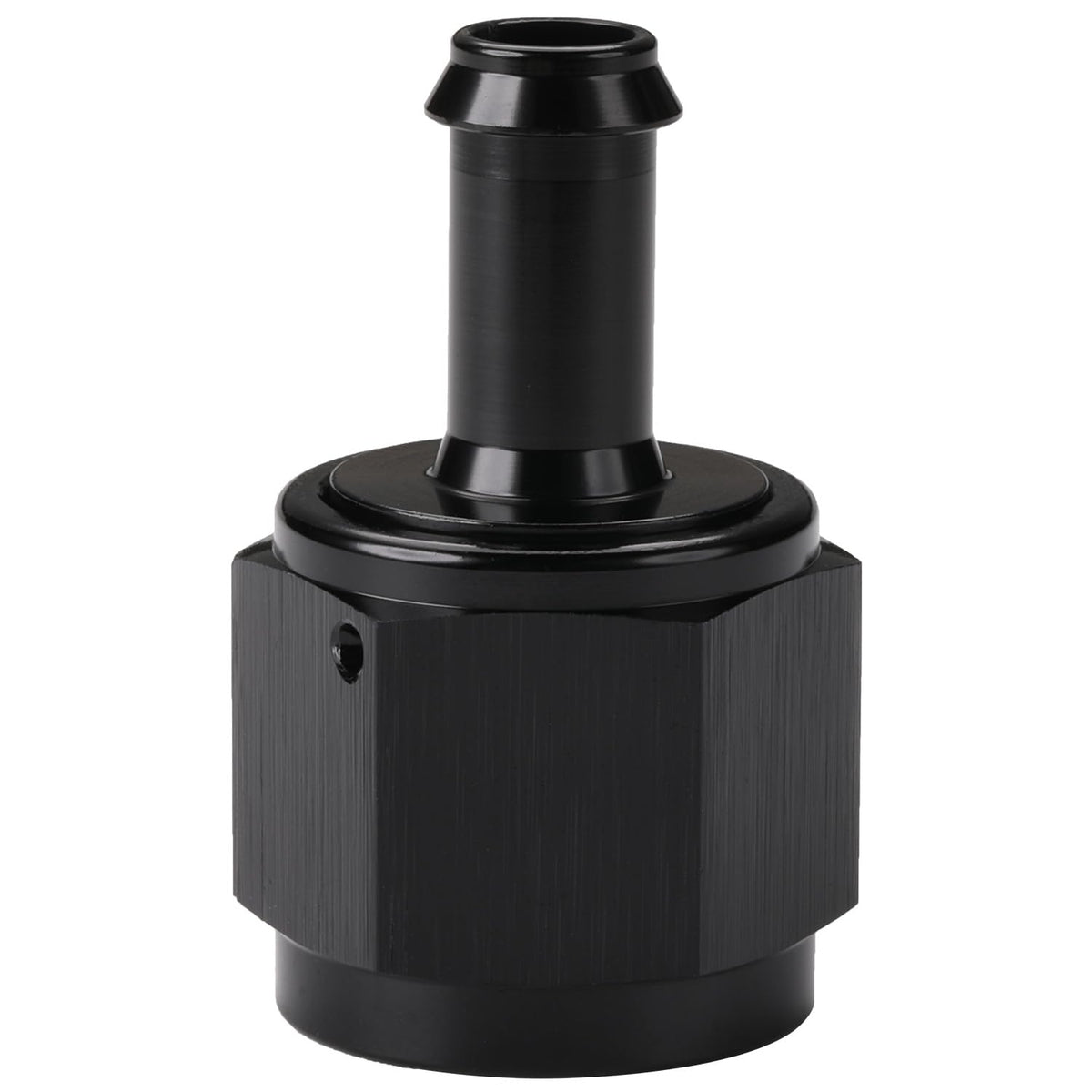 Podavelle 10AN to 3/8 barb adapter close-up in anodized black for durable fuel connections.