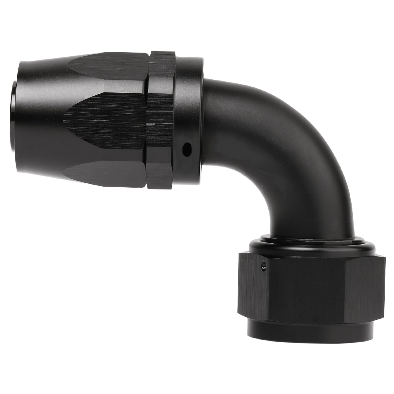 Podavelle 16AN 90-degree elbow hose end fitting; swivels for flexible routing.