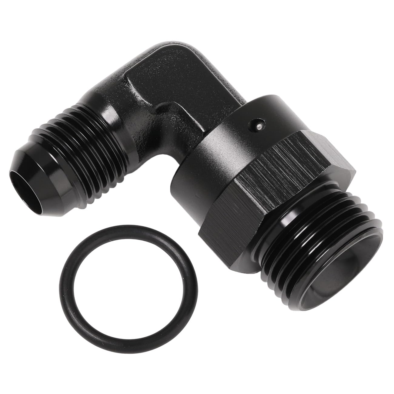 Podavelle 6AN to 8AN swivel fitting with 90 degree bend for tight engine spaces.