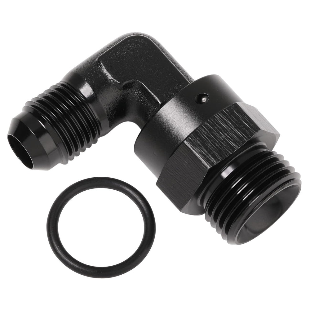 Podavelle 6AN to 8AN swivel fitting with 90 degree bend for tight engine spaces.