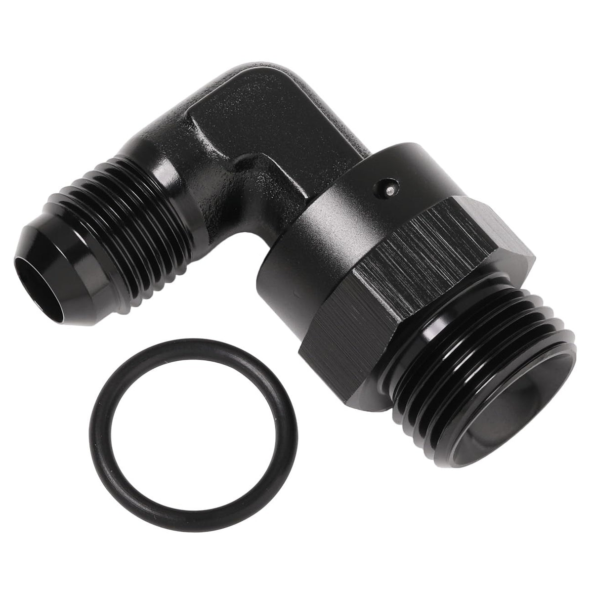 Podavelle 6AN to 8AN swivel fitting with 90 degree bend for tight engine spaces.