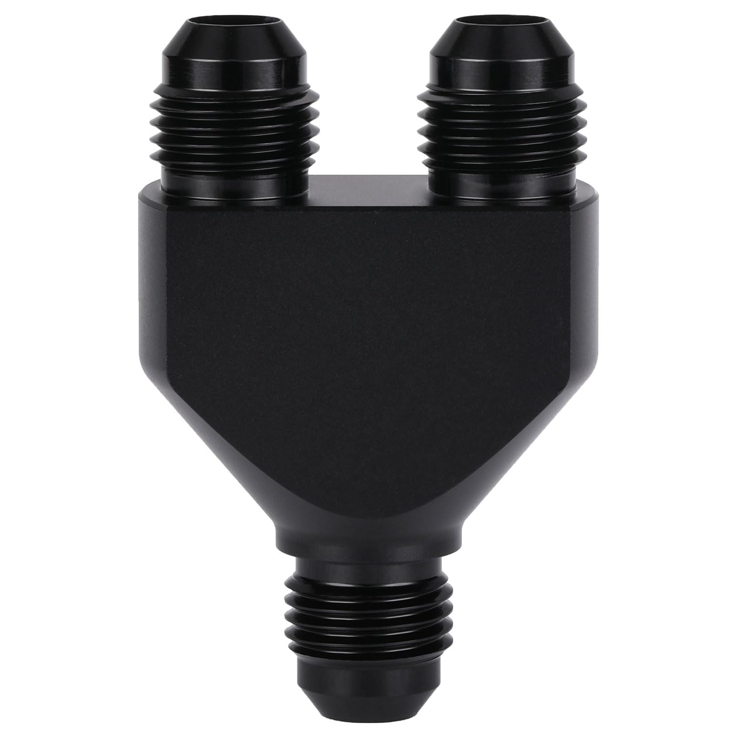 Podavelle 6AN Y-block splitter close-up showing durable anodized aluminum construction for high-flow use