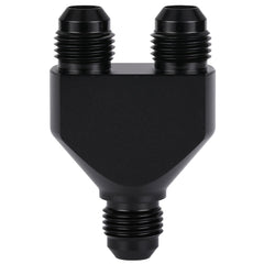 Podavelle 6AN Y-block splitter close-up showing durable anodized aluminum construction for high-flow use