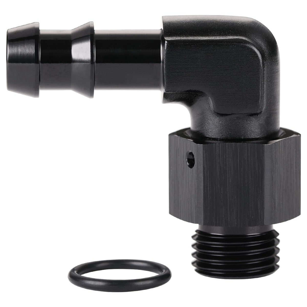 Podavelle 6AN ORB 90-degree adapter enabling easy hose connection for automotive fuel lines.