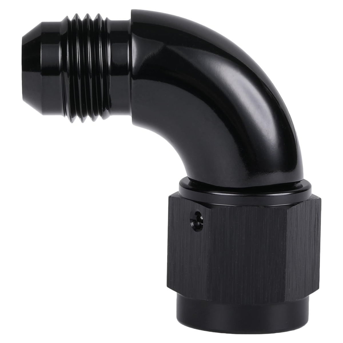 Podavelle 90-degree swivel fitting secures a 6AN connection for fuel lines.