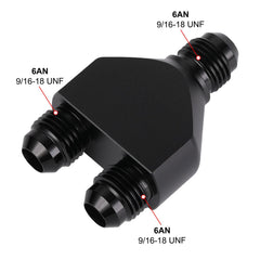 Podavelle dual 6AN male connectors in black finish for reliable fuel and oil routing