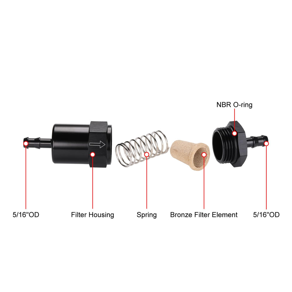 Podavelle inline filter with 5/16in barb inlet/outlet for easy installation.