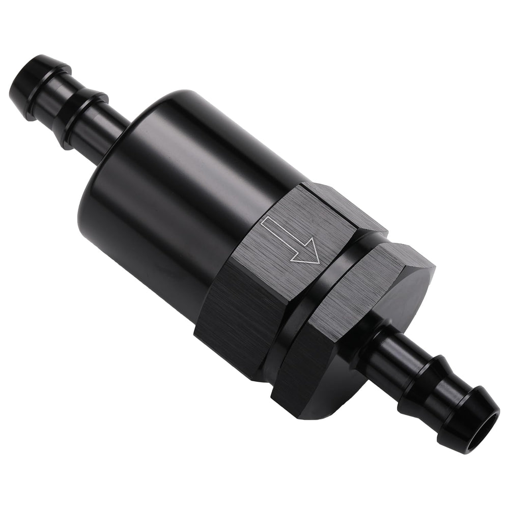 Podavelle inline fuel filter front view with 3/8-inch barb for clean fuel flow in EFI setups
