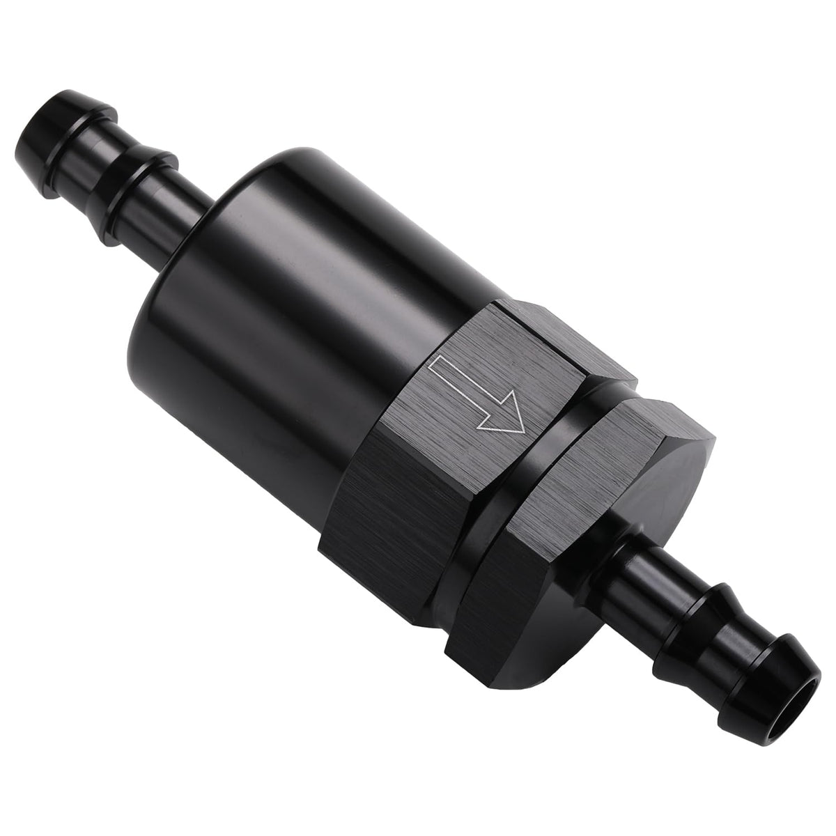 Podavelle inline fuel filter front view with 3/8-inch barb for clean fuel flow in EFI setups