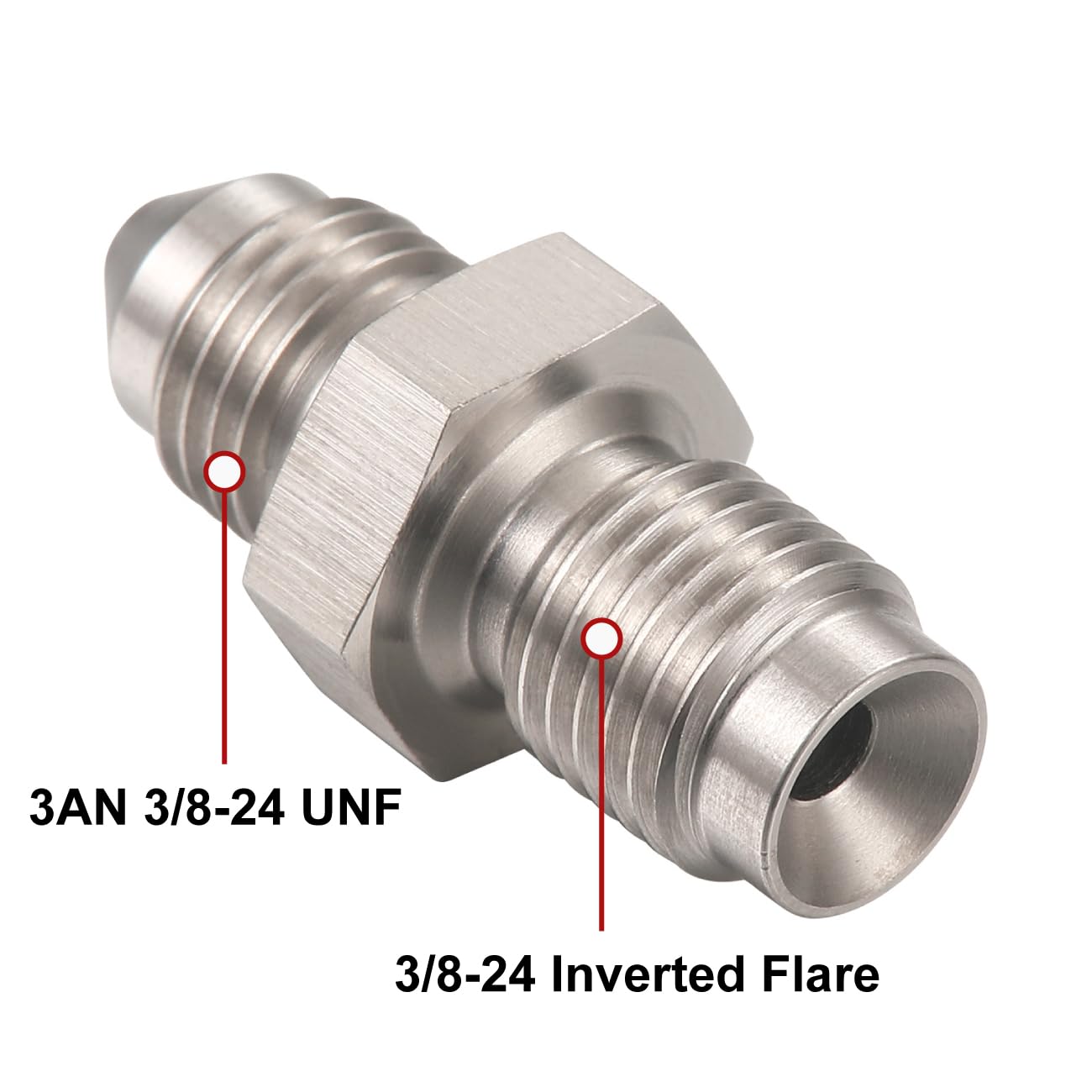 Podavelle stainless steel brake adapter close-up highlighting precision threads and fit.