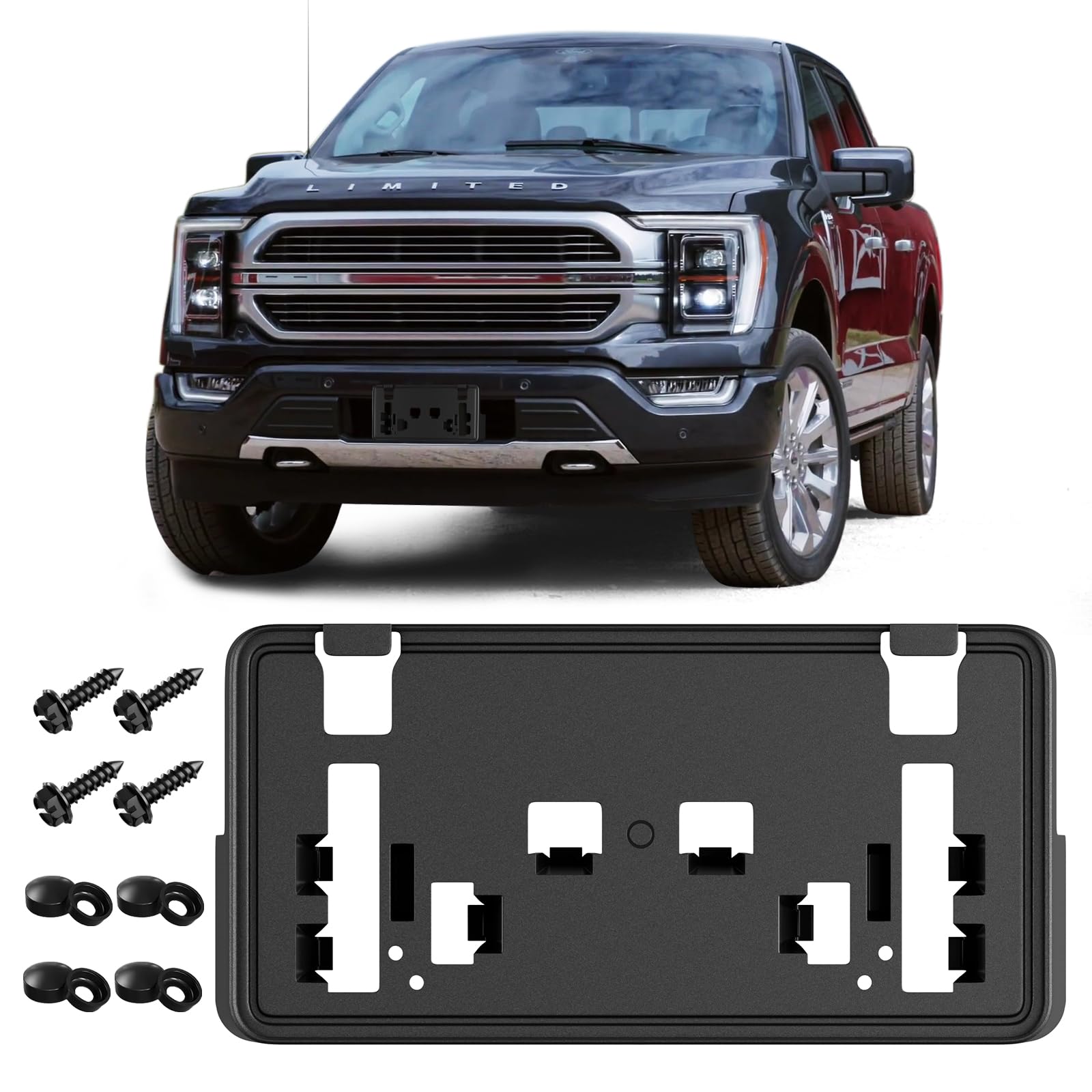 Podestaa Ford F-150 front-license-frame closeup shows durable ABS for weather resistance