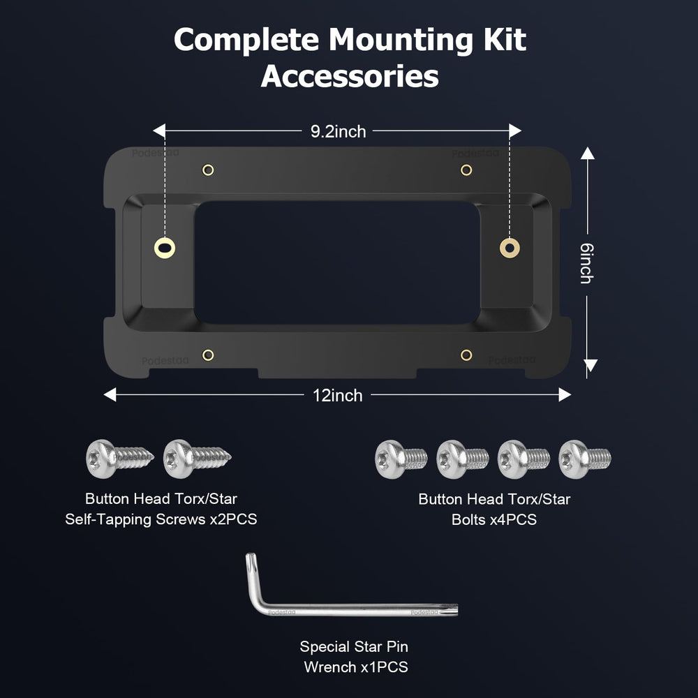 Podestaa license tag frame mounting kit contents for quick, tool-friendly installation.