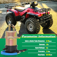 Podoy 12V fuel pump side angle highlights durable housing for long-lasting use.