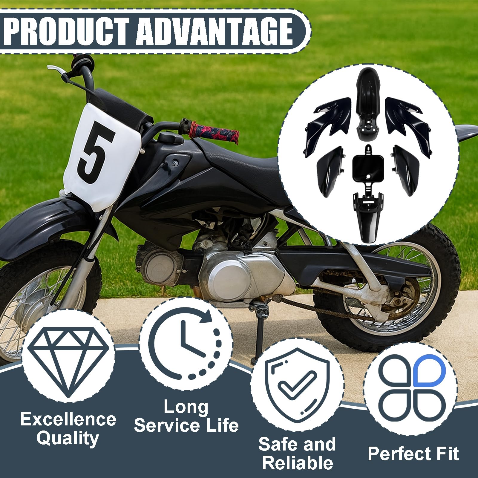 Podoy CRF50 number plate; complete fairing kit for clean mounting.