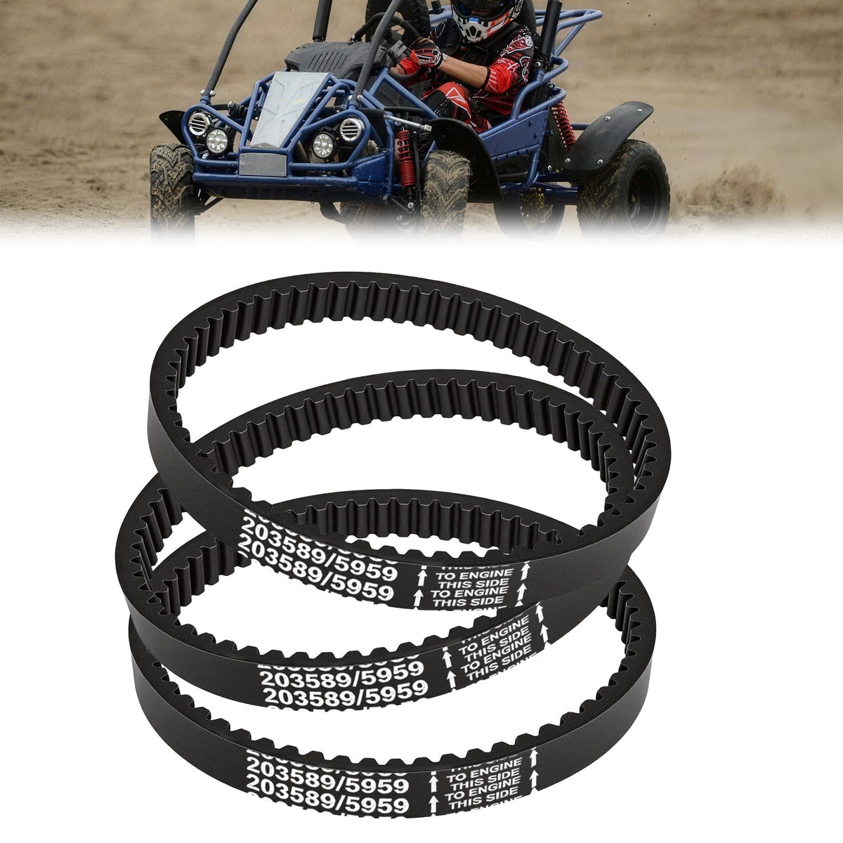 Podoy 203589/5959 go kart drive belt close-up shows rugged rubber construction for durability.