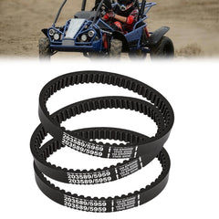 Podoy 203589/5959 go kart drive belt close-up shows rugged rubber construction for durability.