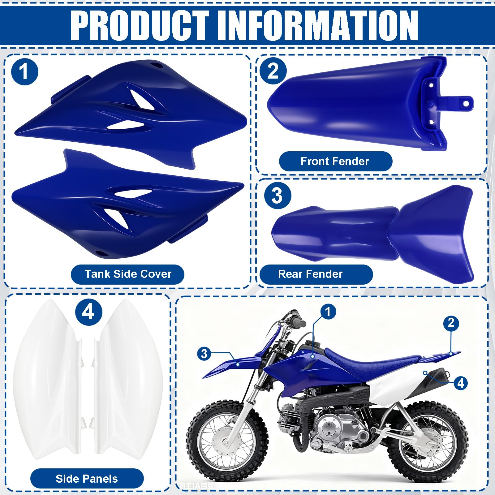 Podoy TTR50 blue and white rear fender creates cohesive styling