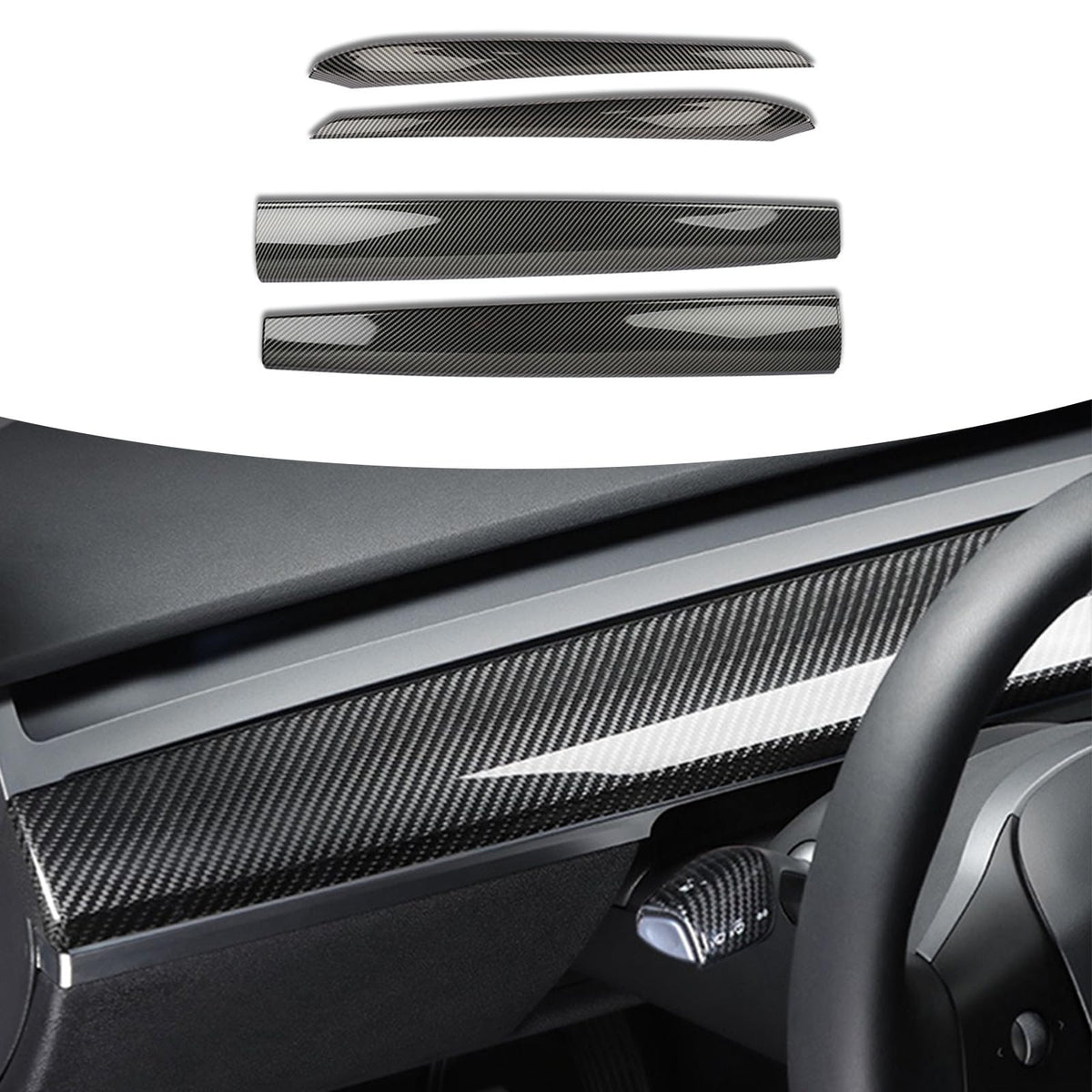 POIBWBUN dash wrap with ABS carbon fiber texture for Tesla Model 3/Y, durable interior upgrade.