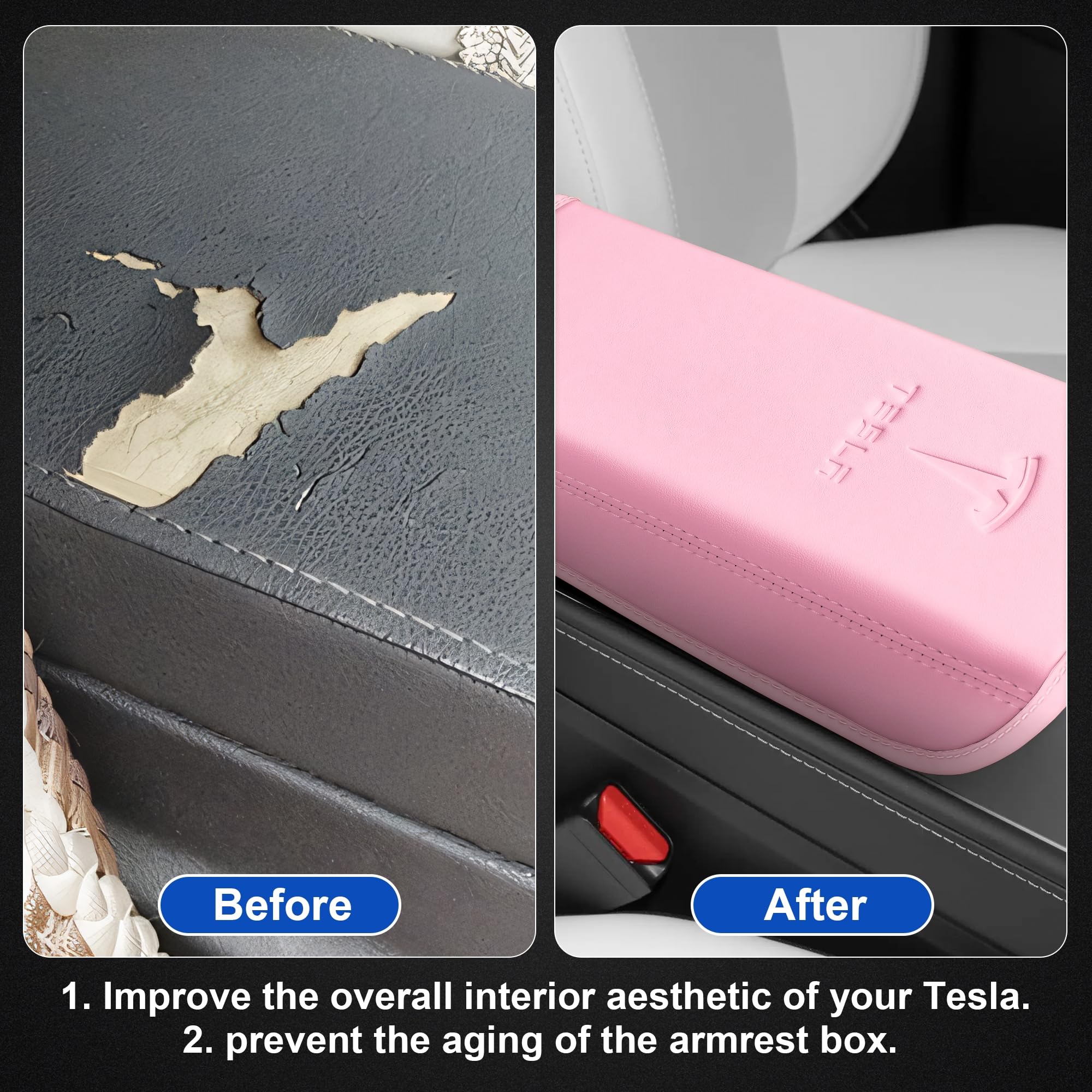 POKUNG center console leather armrest cover for Model 3/Y—durable PU leather for long lasting interior protection