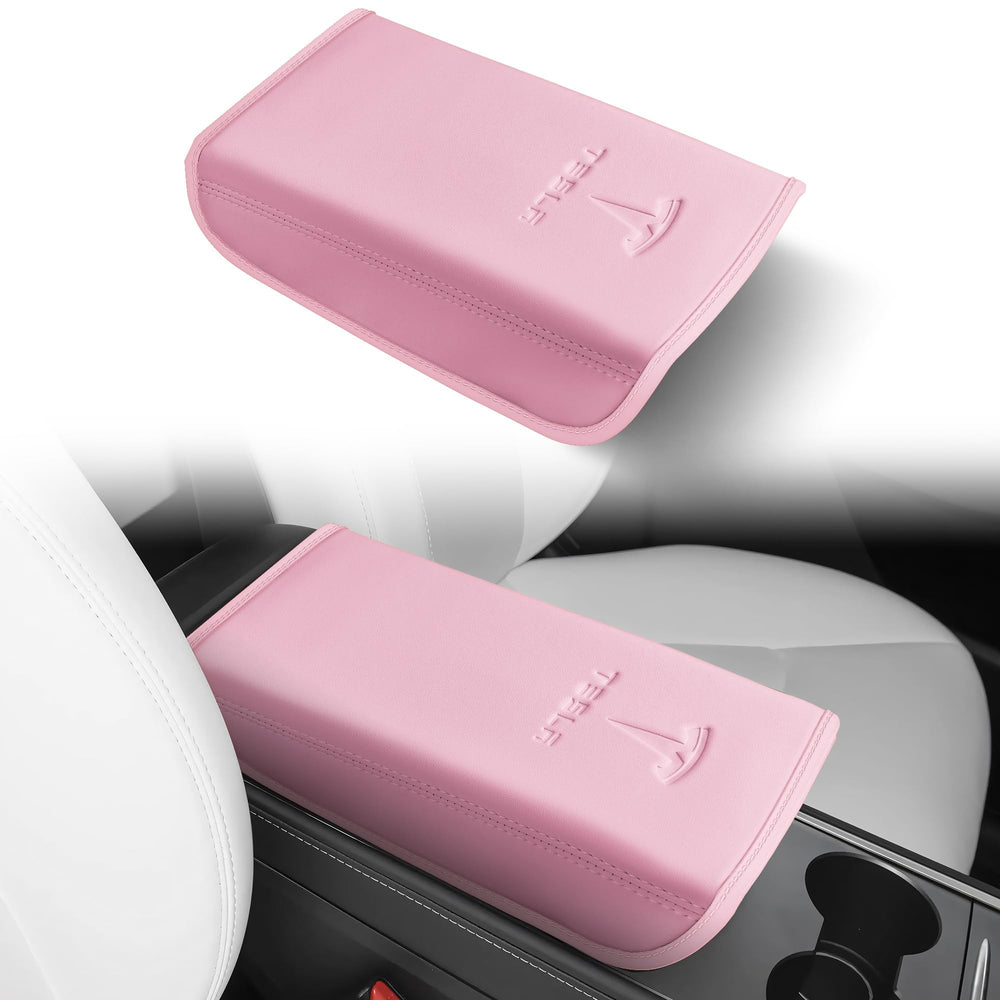 POKUNG center console leather armrest cover for Tesla Model 3/Y in light pink, protects the console from spills