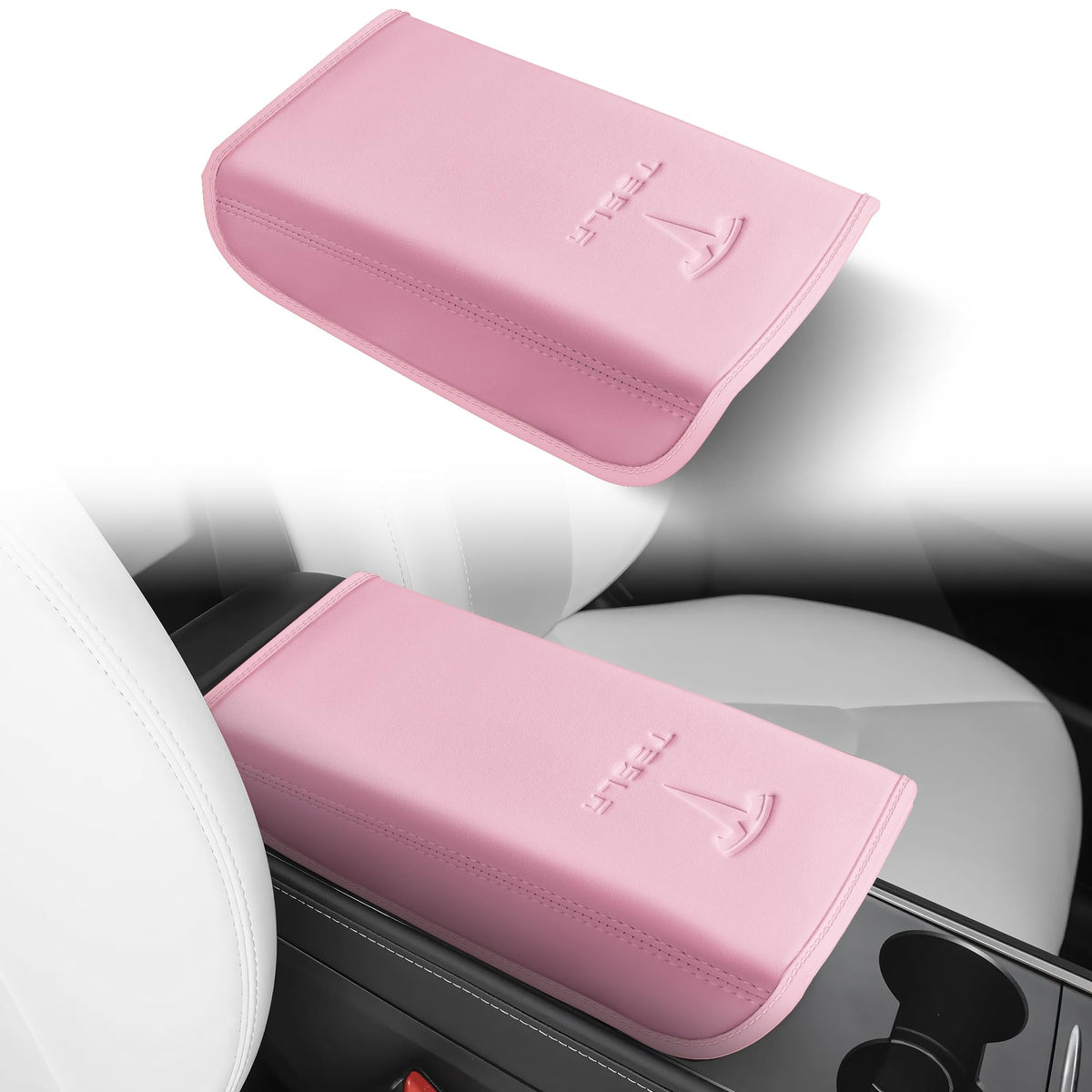 POKUNG center console leather armrest cover for Tesla Model 3/Y in light pink, protects the console from spills