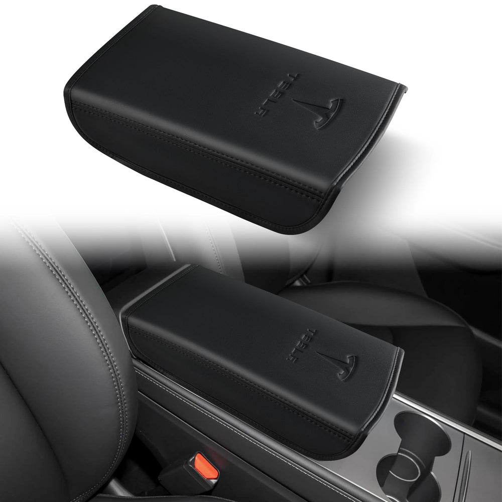 POKUNG center console leather armrest on Model 3 in black, seamless fit and driving comfort.