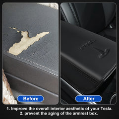 POKUNG center console leather armrest Model Y black, stylish interior upgrade.