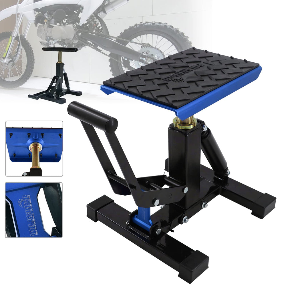 POLARBEAR dirt bike stand angle view showing sturdy lift and stability