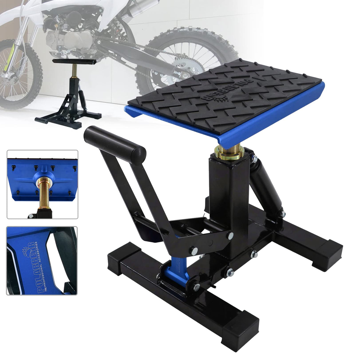 POLARBEAR dirt bike stand angle view showing sturdy lift and stability