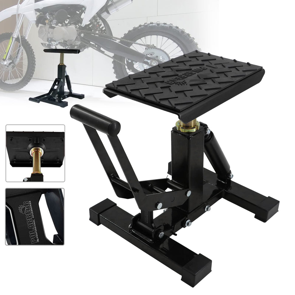 POLARBEAR Dirt Bike Stand front view showcases durable aluminum construction for safe lifting.