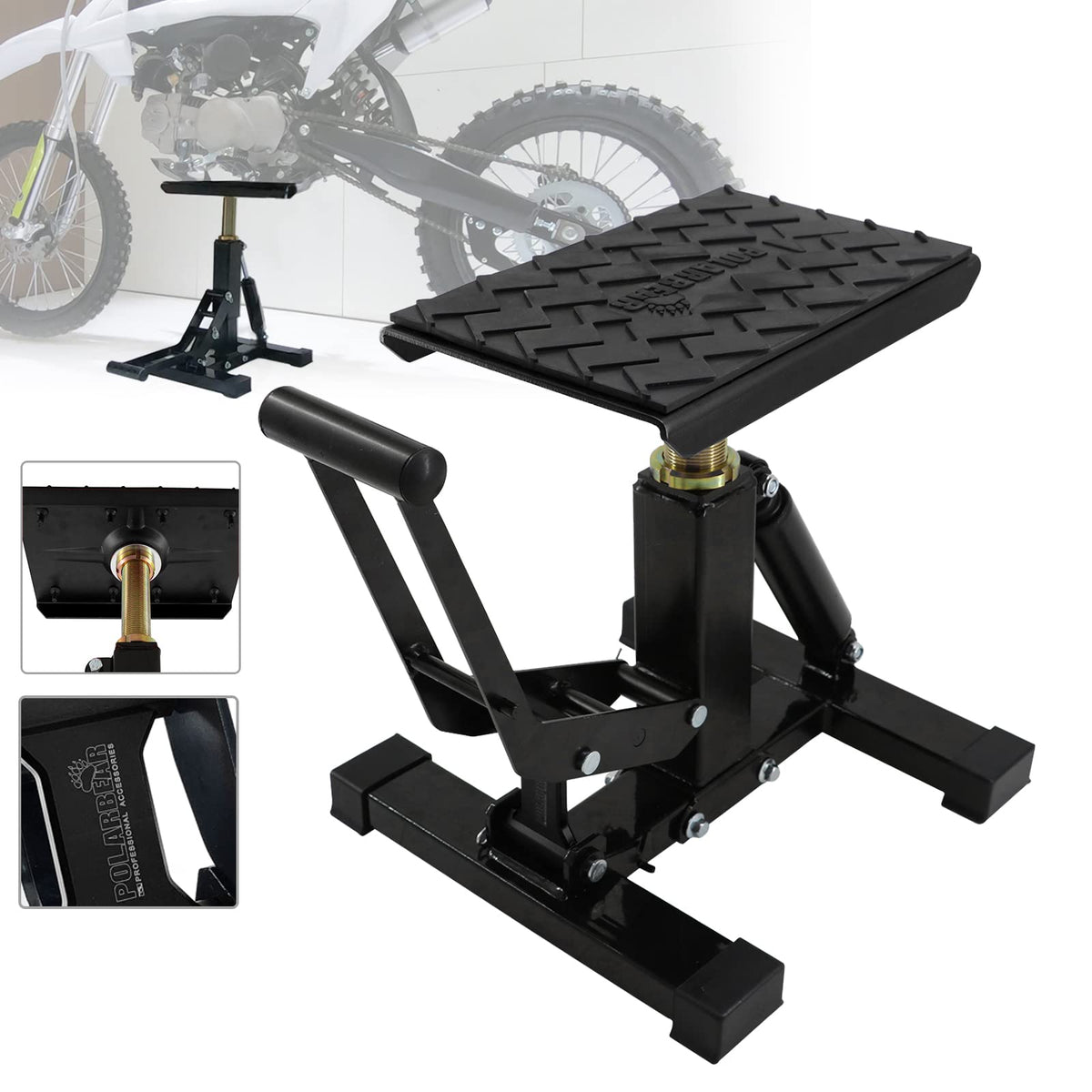 POLARBEAR Dirt Bike Stand front view showcases durable aluminum construction for safe lifting.