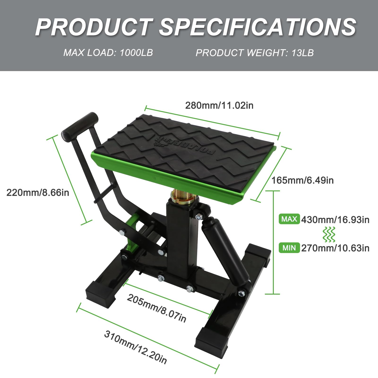 POLARBEAR dirt bike stand front view highlighting compact design for easy storage.