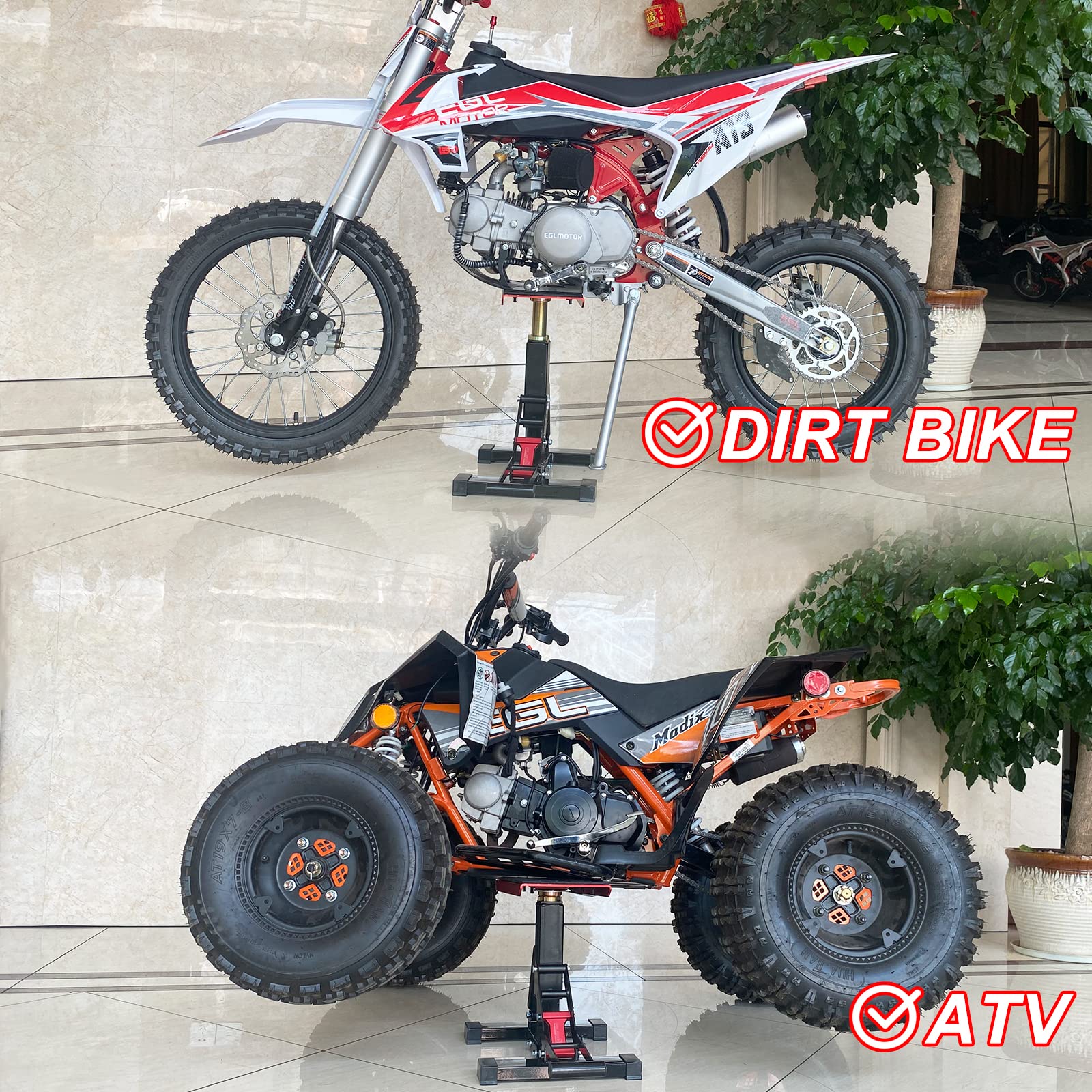 POLARBEAR Dirt Bike Stand height adjustment enables fitting various dirt bikes.