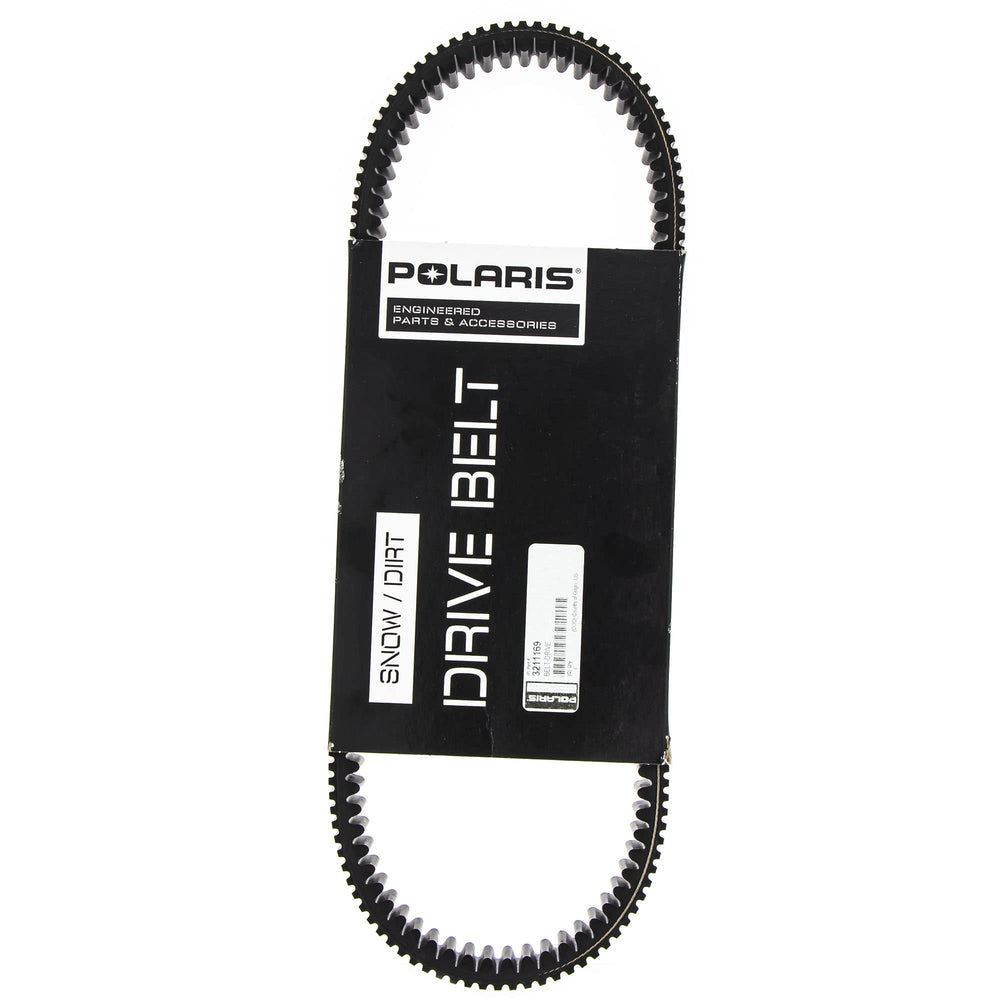 Polaris drive belt close-up highlights aramid construction for longevity.