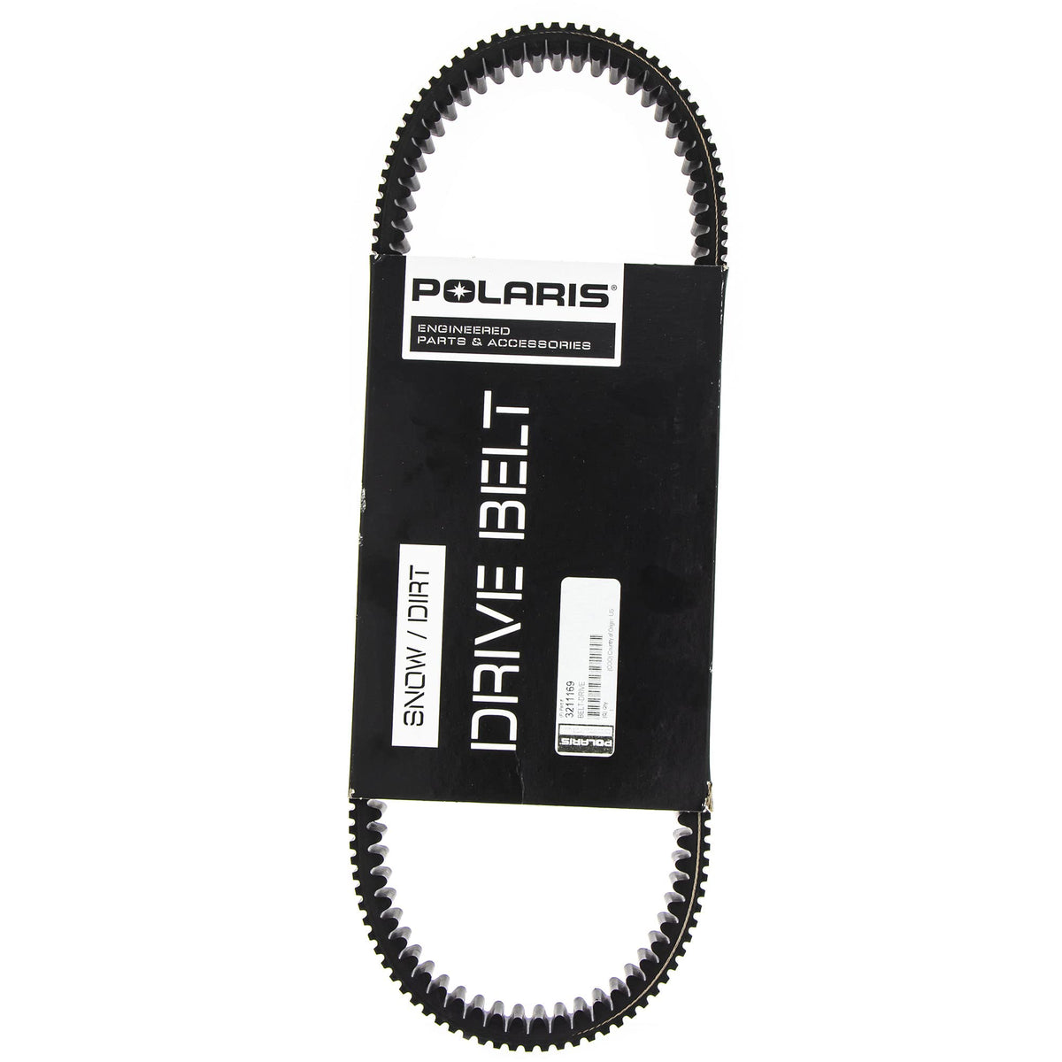 Polaris drive belt close-up highlights aramid construction for longevity.