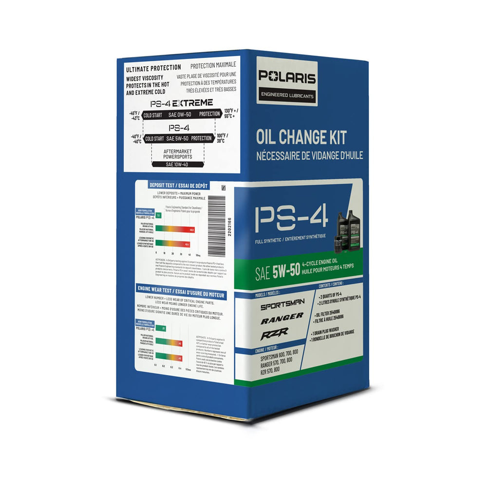 Polaris PS4 oil change kit compatibility with Ranger, RZR, Sportsman, ACE 570 vehicles.