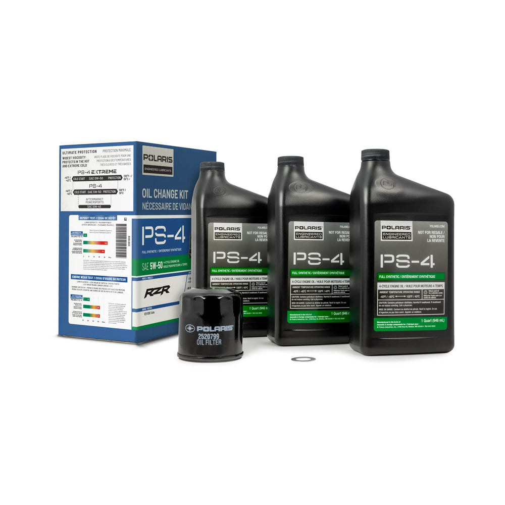 Polaris PS4 oil change kit oil bottle showing full synthetic lubrication for off-road engines
