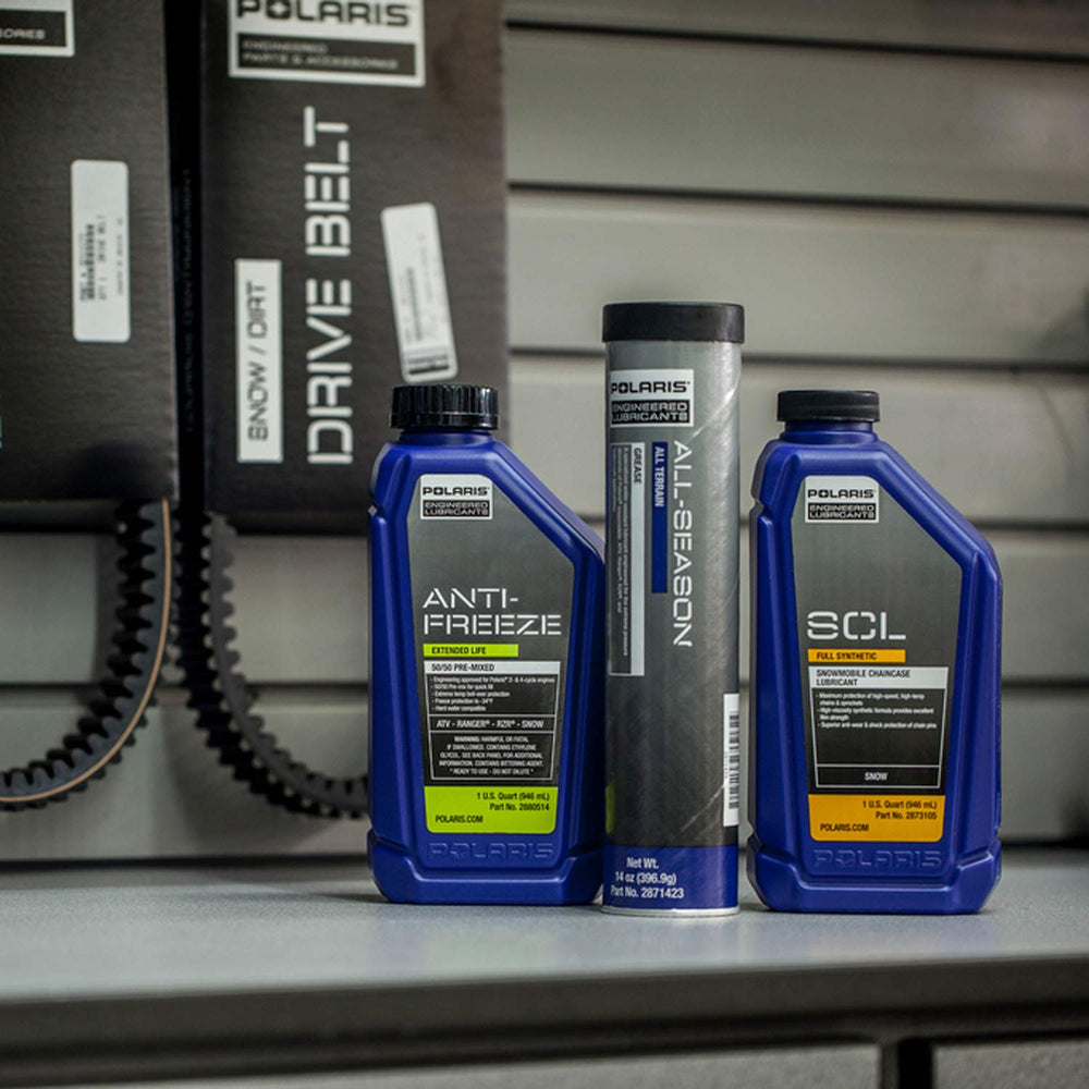 Polaris chaincase lubricant label closeup highlighting full synthetic durability