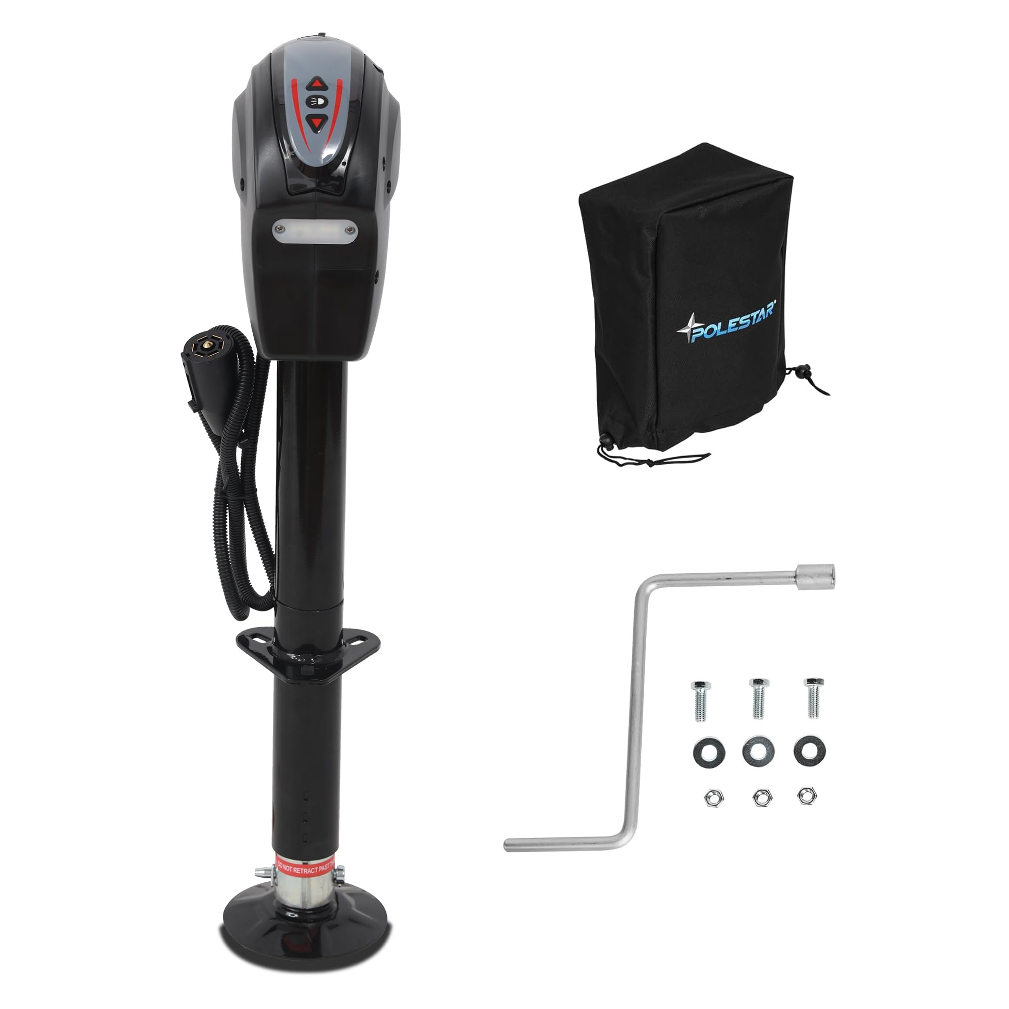 POLESTAR electric trailer jack with backlit panel illuminates the hitch for easier night-time connections.