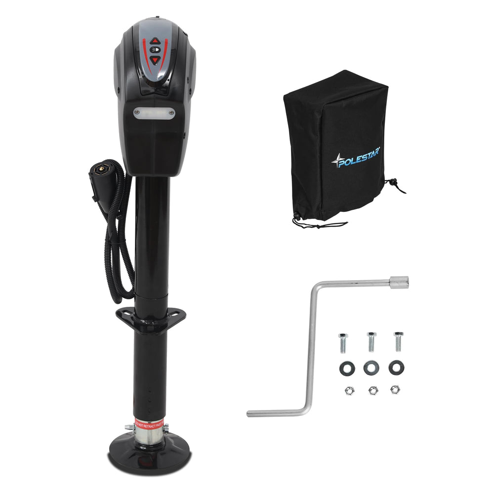 POLESTAR electric trailer jack with backlit panel illuminates the hitch for easier night-time connections.
