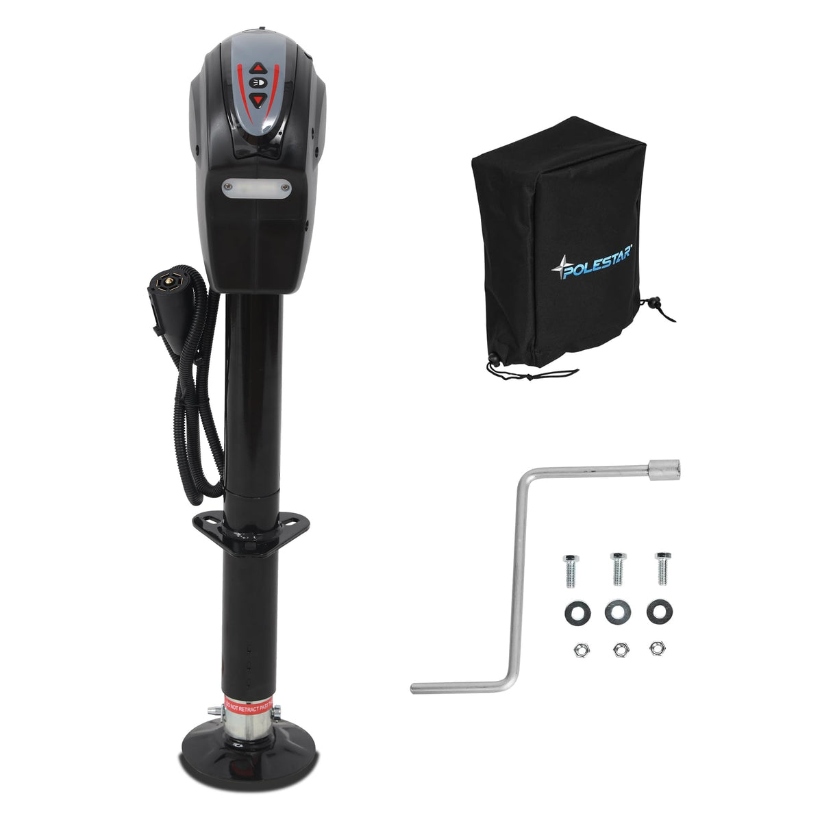 POLESTAR electric trailer jack with backlit panel illuminates the hitch for easier night-time connections.