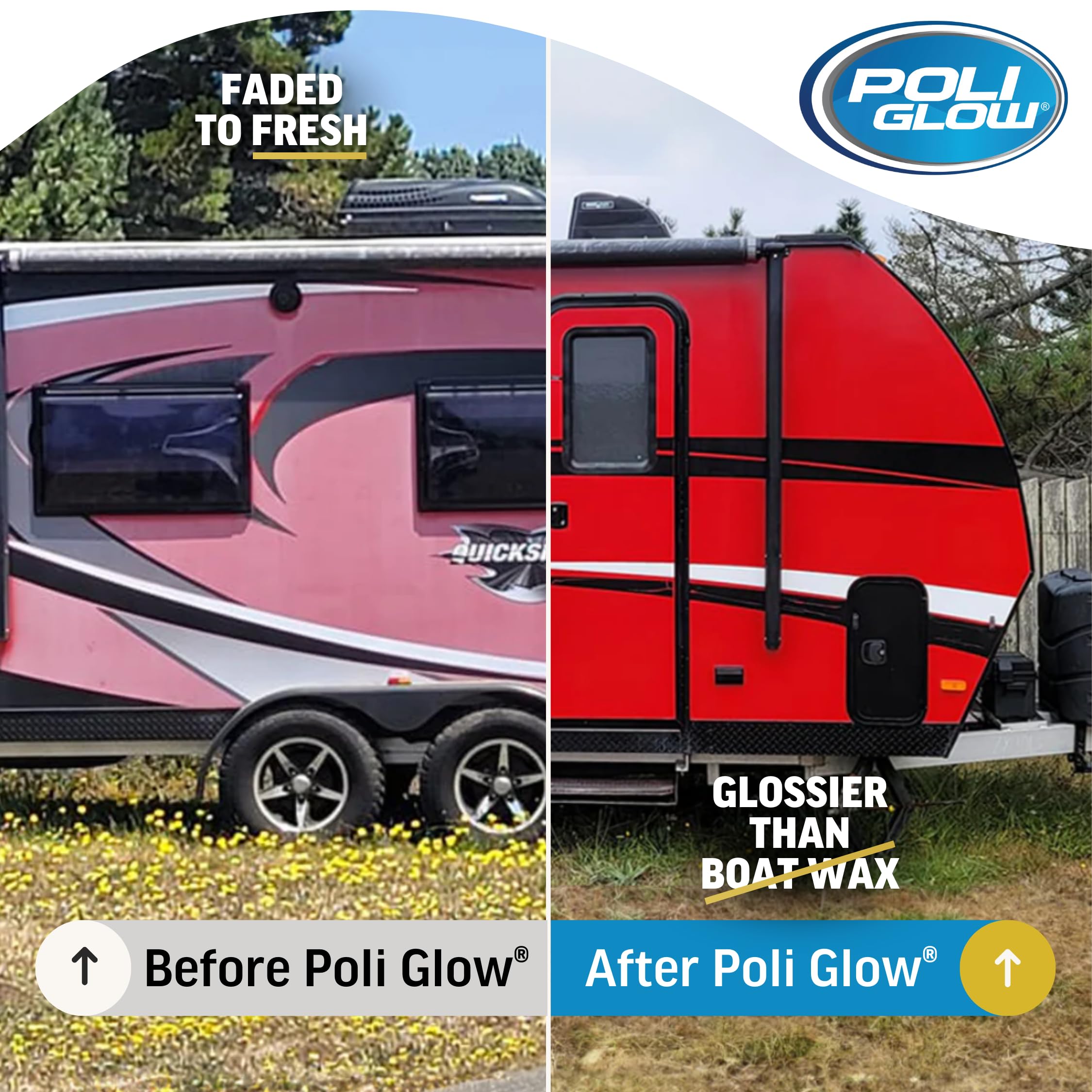 Poli Glow oxidation removal on faded gelcoat displaying restoration potential