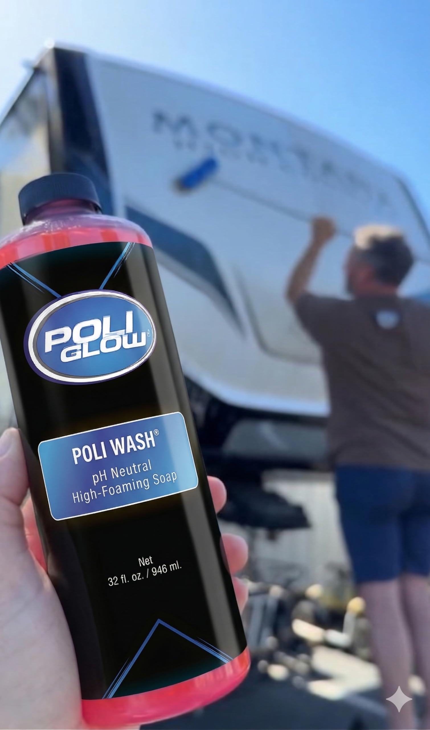 Poli Glow Poli Wash foam bubbles illustrate rich lather for thorough cleaning