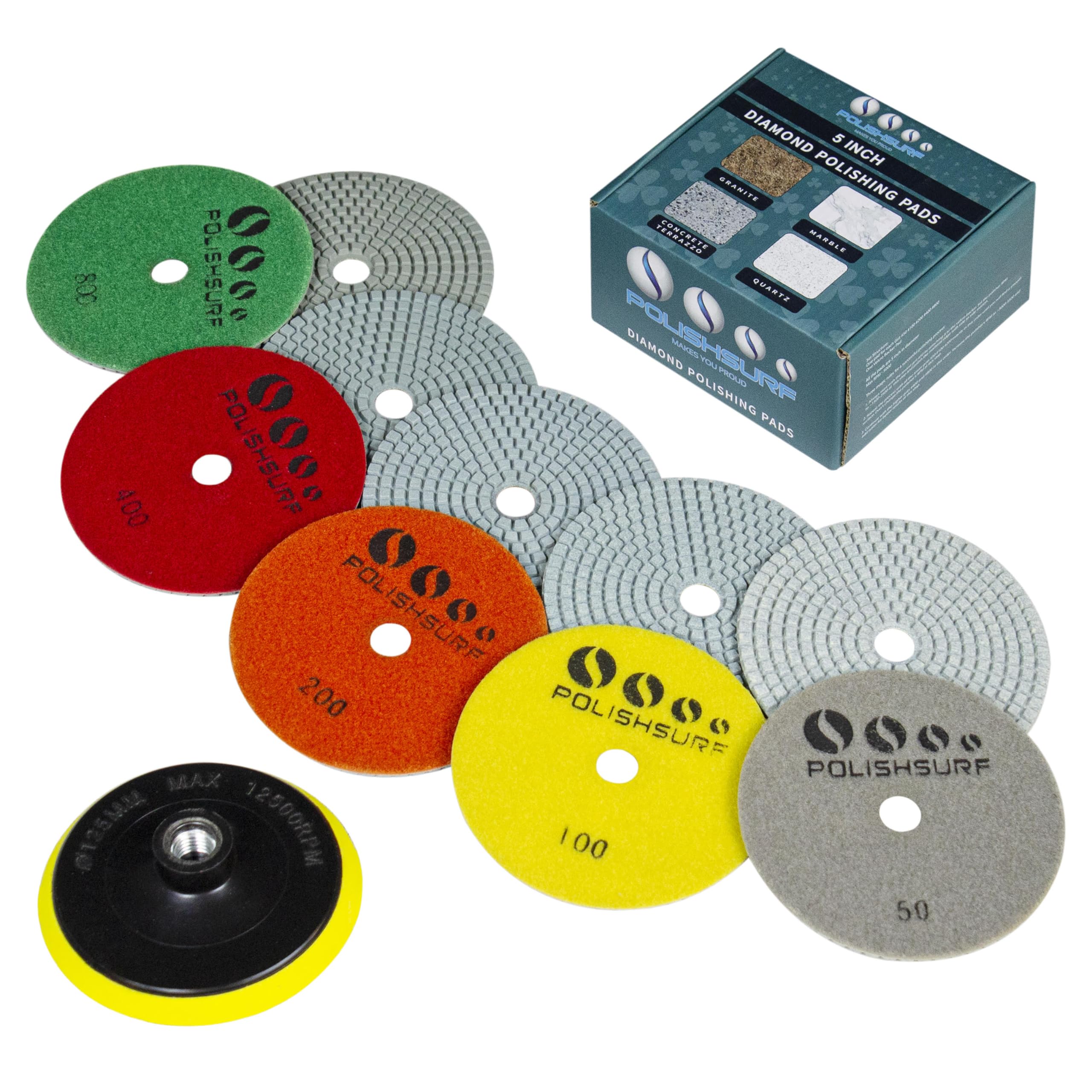 POLISHSURF 5-inch diamond polishing pads set for wet and dry stone polishing