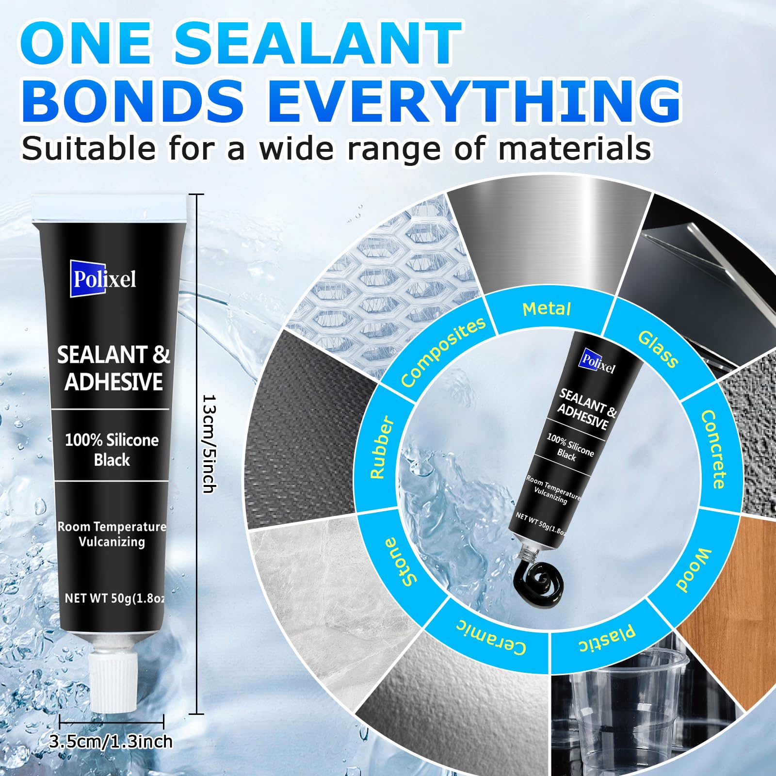 POLIXEL Black RTV cured film forms crack-proof seal for outdoor use.