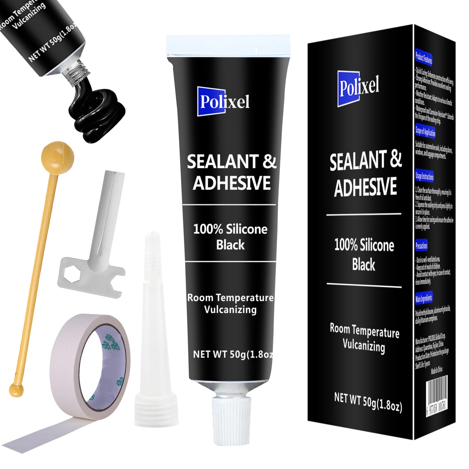 POLIXEL Black RTV sealant tube shows fast curing for quick sealing.