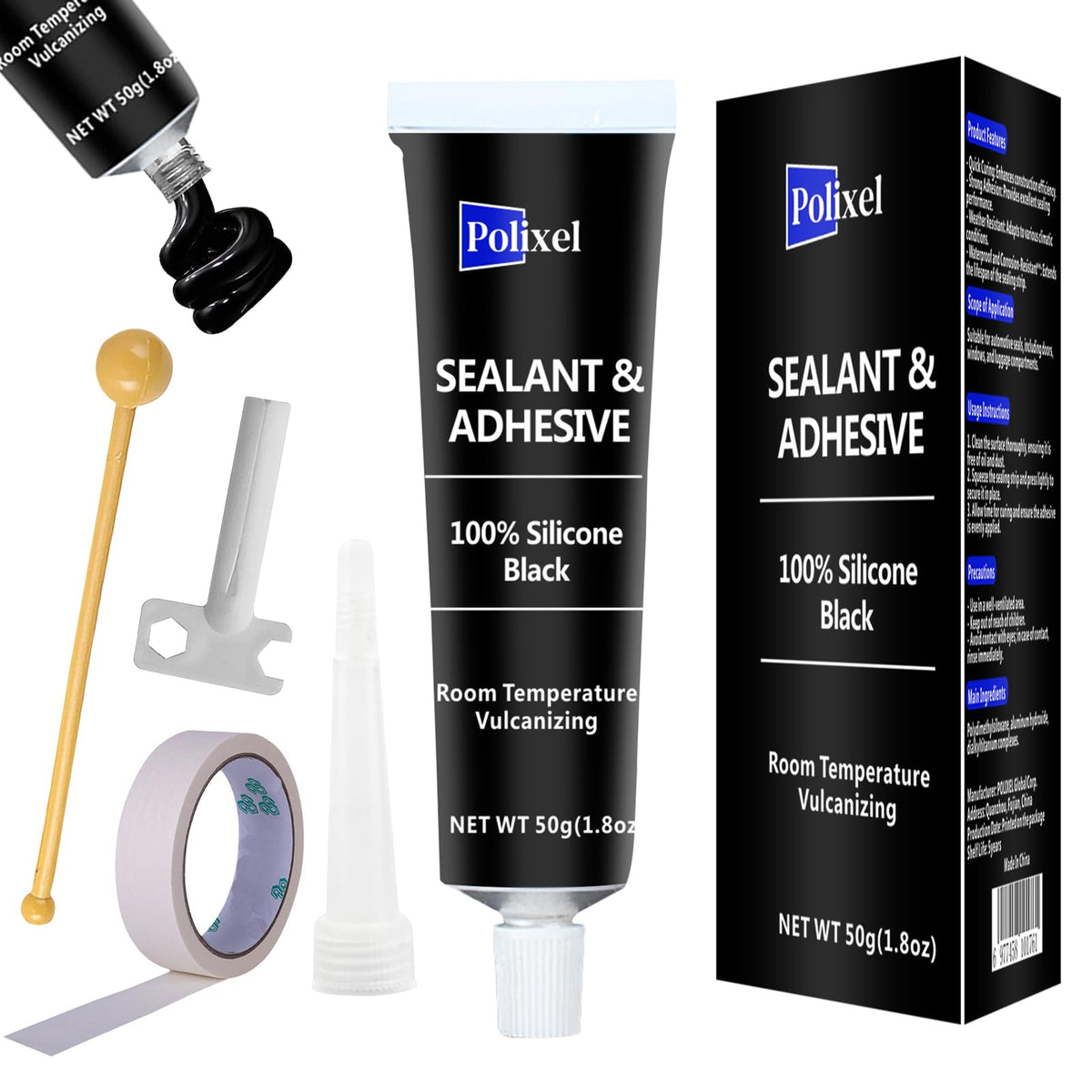 POLIXEL Black RTV sealant tube shows fast curing for quick sealing.