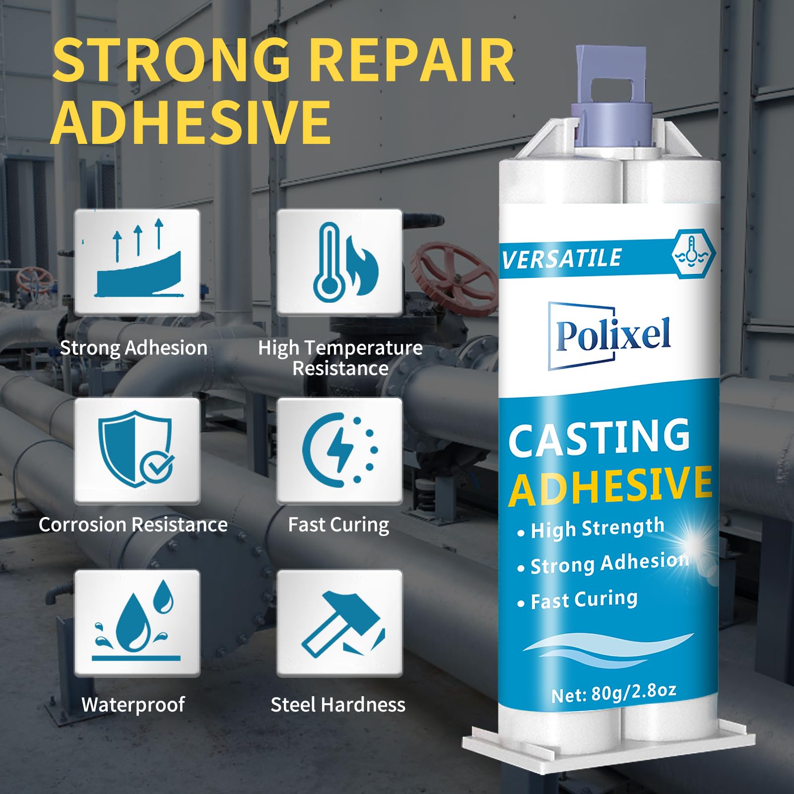 POLIXEL epoxy resin glue tube highlighted for multi-material bonding in workshop