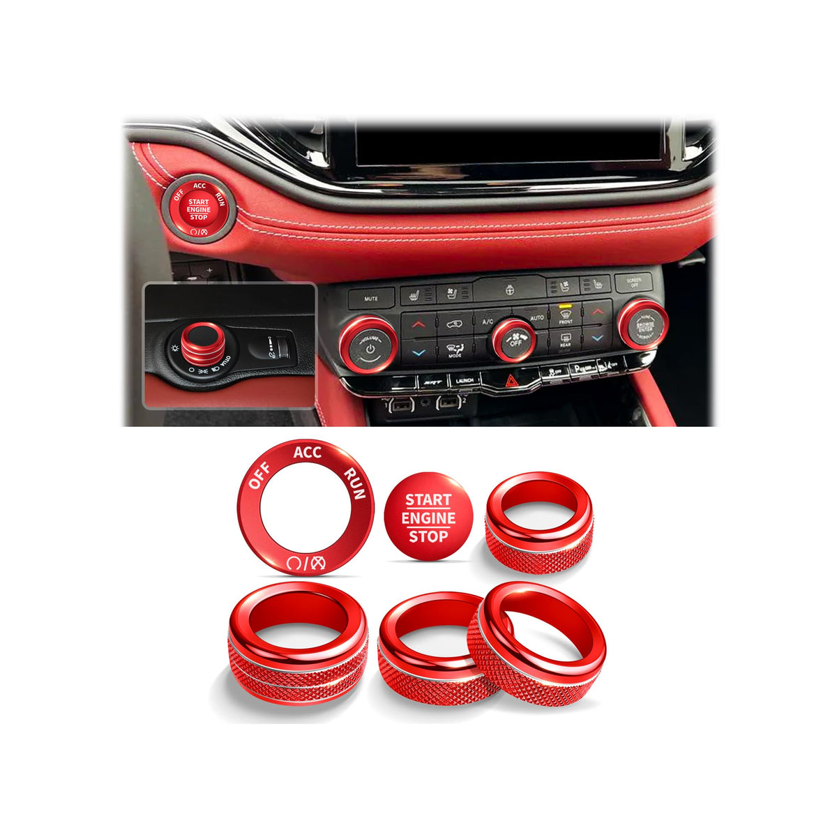 Polodunn push-start button cover for Durango enhances grip and interior style in red.