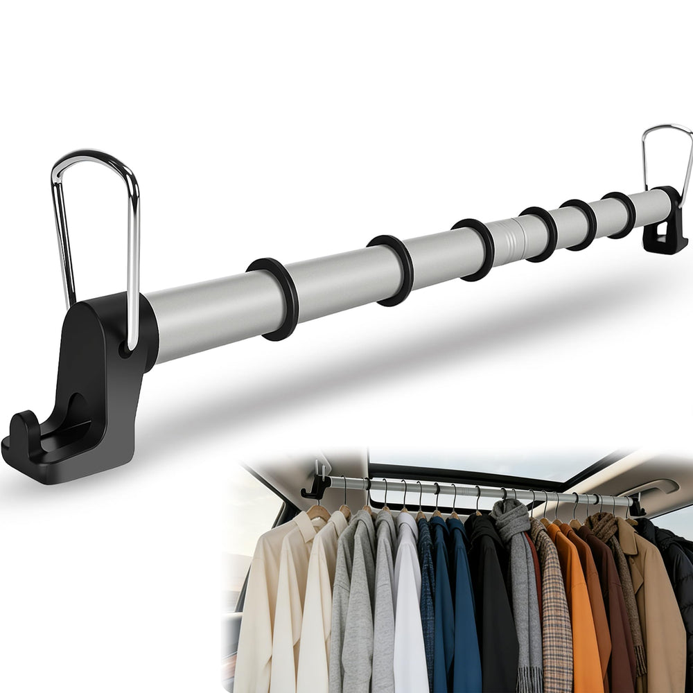 polyhnia car clothes hanger bar extended to fit 30-64 inches for neat travel wardrobes.
